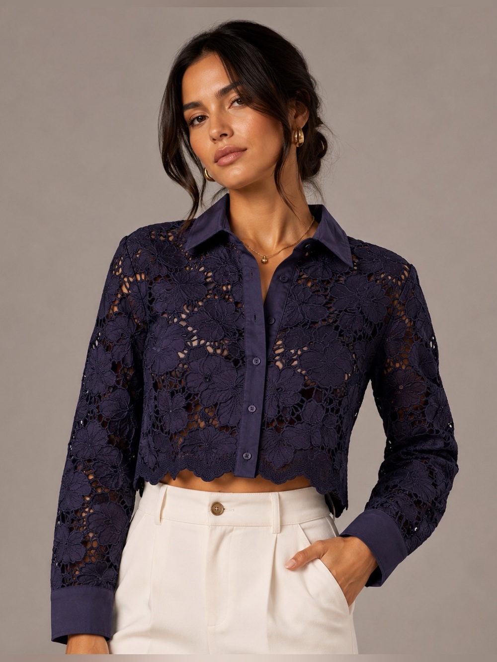 L'AGENCE Navy Floral Lace Cropped Blouse